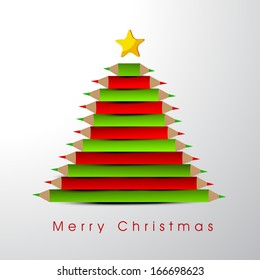 Merry Christmas celebration greeting card or invitation card with colorful Xmas tree on grey background. 