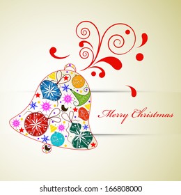 Merry Christmas celebration greeting card or invitation card with colorful jingle bell on floral decorated abstract background. 