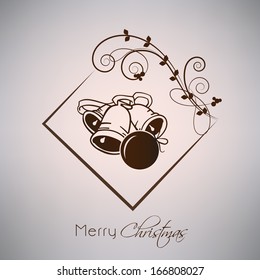 Merry Christmas celebration greeting card or invitation card with jingle bells on floral decorated frame. 