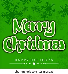 Merry Christmas celebration greeting card or invitation card with stylish text on snowflakes decorated green background. 