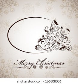 Merry Christmas celebration greeting card or invitation card with stylish floral decorated Xmas tree and space for your text on grungy grey background. 