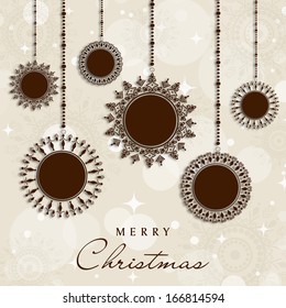 Merry Christmas celebration greeting card or invitation card with hanging Xmas balls on shiny grey background. 
