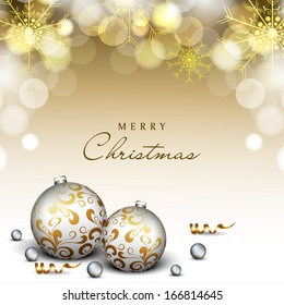 Merry Christmas celebration greeting card or invitation card with beautiful floral decorated Xmas balls on shiny snowflakes decorated background. 