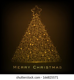 Merry Christmas celebration greeting card or invitation card with shiny golden Xmas tree on brown background. 