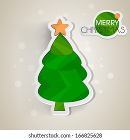 Merry Christmas celebration greeting card or invitation card with stylish Xmas tree on grungy grey background. 