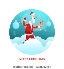 Merry Christmas Celebration Greeting Card with Cartoon Santa Claus Holding Gift Box, Bell on Blue Paper Clouds and White Background.