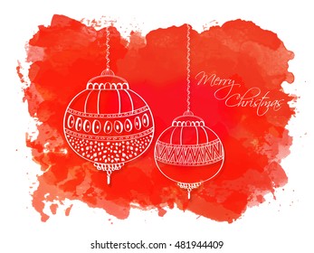 Merry Christmas celebration greeting card with floral hanging lanterns on color splash background.
