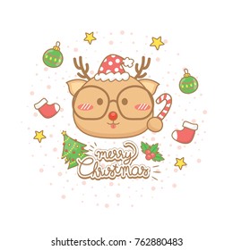 Merry Christmas celebration greeting card Set.Cute Reindeer characters hold candy, wear eye glasses with elements winter on white background