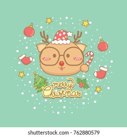 Merry Christmas celebration greeting card Set.Cute Reindeer characters hold candy, wear eye glasses with elements winter on green background