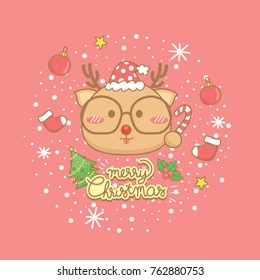 Merry Christmas celebration greeting card Set.Cute Reindeer characters hold candy, wear eye glasses with elements winter on pastel background