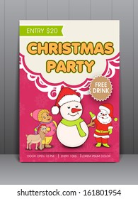 Merry Christmas celebration greeting or gift card with snowman, reindeer and santa claus on pink vintage background. 