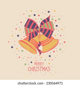 Merry Christmas celebration greeting or invitation card with jingle bells on brown background.