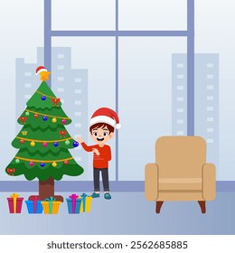 Merry Christmas Celebration with Happy Cartoon Boy Decorating Christmas Tree and Gift Boxes in Living Room Vector Illustration.