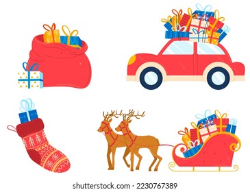 Merry christmas celebration, holiday stickers set, gifts in bag, design cartoon style vector illustration, isolated on white.