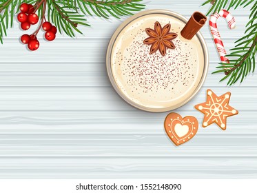 Merry Christmas celebration with hot eggnog.Homemade mulled wine, grog. Cocktail with milk,cinnamon and clove stars. Cozy mug with egg nog with candy cane, gingerbread, top view. Vector illustration.