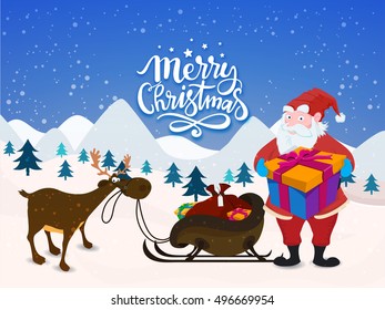 Merry Christmas celebration with illustration of Santa Claus holding big gift and reindeer with sleigh on snowy winter background