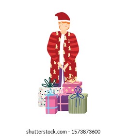 merry christmas celebration man wearing coat and hat with gifts vector illustration