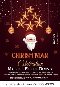 Merry christmas Celebration party poster design with snowflakes,balls,Stars and Santa Claus ,isolated on gradient background ,all layers are single for any coustomization ,Eps 10 vector Illustration.
