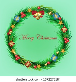 Merry christmas celebration with pine leaf, bell, ball, gift box, star for anniversary, gift card, illustration