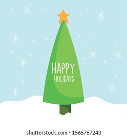 merry christmas celebration pine tree star snow vector illustration