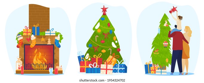 Merry christmas celebration, pleasant surprise, traditional new year decorations, joyful family, flat style, vector illustration.