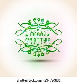 Merry Christmas celebration poster, banner or flyer with beautiful text and floral design on shiny background.