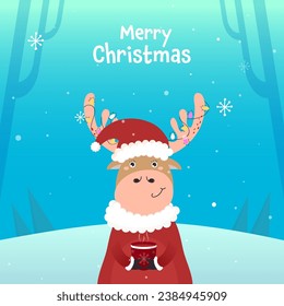 Merry Christmas Celebration Poster Design With Cartoon Reindeer Wearing Santa Hat And Enjoying Hot Beverage on Snowfall Background.