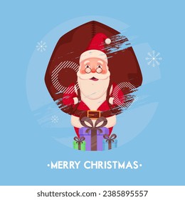 Merry Christmas Celebration Poster Design with Cartoon Santa Claus Lifting a Heavy Bag, Snowflakes and Gift Boxes on Light Blue Brush Stroke Background.