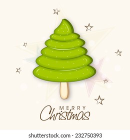 Merry Christmas celebration poster with stylish X-mas tree and wishing text on star decorated background.