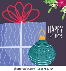 merry christmas celebration purple gift box and ball flower decoration vector illustration