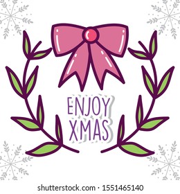 merry christmas celebration red gift bow branches decoration vector illustration