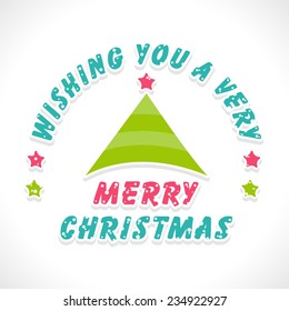 Merry Christmas celebration with stylish wishing text and X-mas tree on shiny white background.