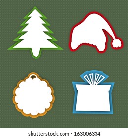 Merry Christmas celebration tag, sticker or label in shape of Xmas Tree, Santa Hat, Gift Boxes and Xmas ball with blank space for your message on green background. 