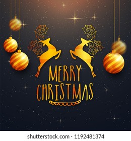 Merry Christmas celebration template or flyer design, Reindeer and hanging baubles decorated on shiny black background.