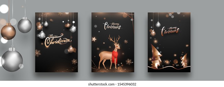 Merry Christmas celebration template or flyer set with golden reindeer, origami paper xmas tree, star and hanging baubles decorated on black background.