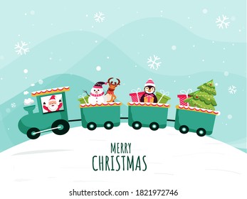 Merry Christmas Celebration Train on Light Turquoise and Snowy Background.