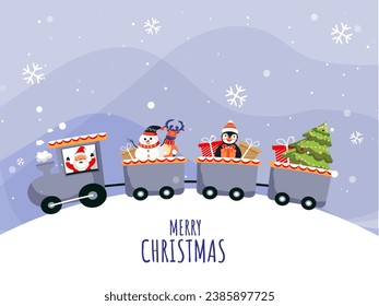 Merry Christmas Celebration Train on Light Blue and Snowy Background.