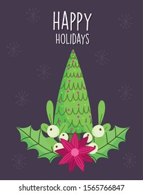 merry christmas celebration tree with balls flower holly berry vector illustration