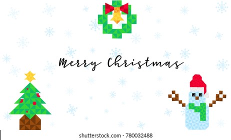 Merry Christmas celebration with triangular shaped  trees, christmas wreath, snowman and falling snowflakes.Polygon style.