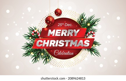 Merry Christmas Celebration typographic design template, background banner with red frame fir branches sparkling lights and Christmas elements. Vector illustration isolated on white.