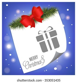 Merry Christmas celebration typography with gift box. Christmas Tree fir header white Page curl card on glowing background
