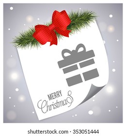 Merry Christmas celebration typography with gift box. Christmas Tree fir header white Page curl card on glowing background