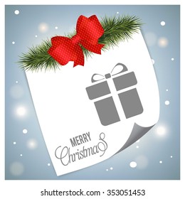 Merry Christmas celebration typography with gift box. Christmas Tree fir header white Page curl card on glowing background