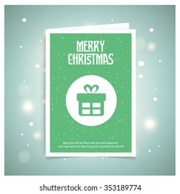 Merry Christmas celebration typography with gift box. Green Christmas book cover or flyer template, vector