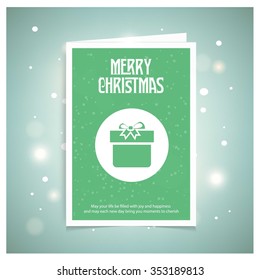 Merry Christmas celebration typography with gift box. Green Christmas book cover or flyer template, vector