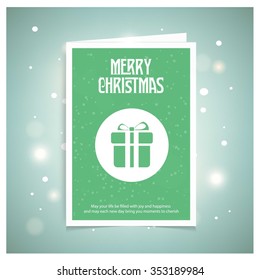 Merry Christmas celebration typography with gift box. Green Christmas book cover or flyer template, vector