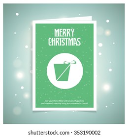 Merry Christmas celebration typography with gift box. Green Christmas book cover or flyer template, vector