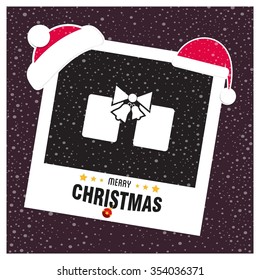 Merry Christmas celebration typography with gift box. photo frame with Santa Claus Hat and creative typography in footer on glowing Vector background