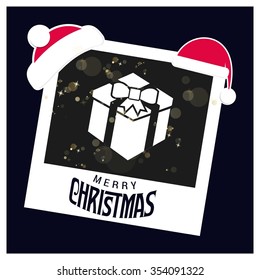 Merry Christmas celebration typography with gift box. photo frame with Santa Hat border and creative typography in footer on glowing Vector background