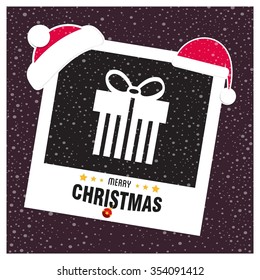 Merry Christmas celebration typography with gift box. photo frame with Santa Hat border and creative typography in footer on glowing Vector background